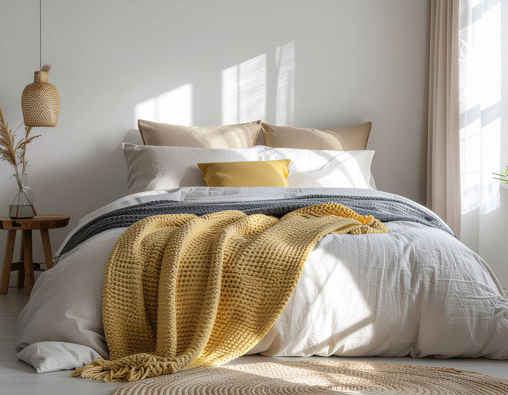 auf ein Bett mit gelben Decken scheint Tageslicht